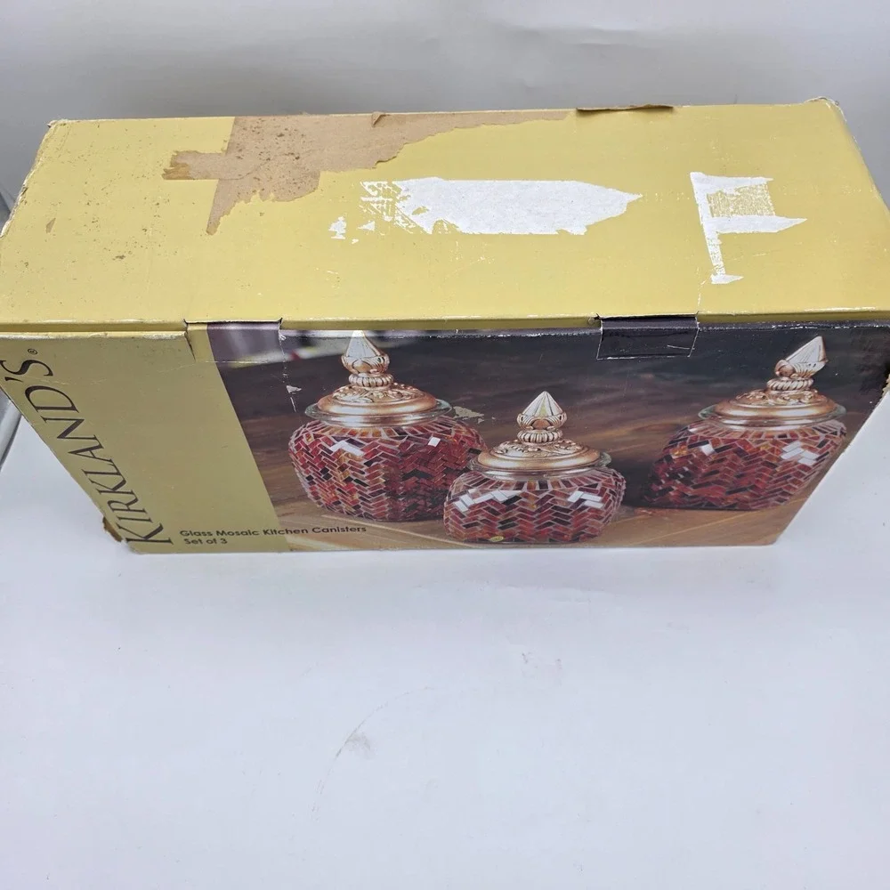 Kirkland's Three Piece Glass Mosaic Kitchen Canister Set New Open Box